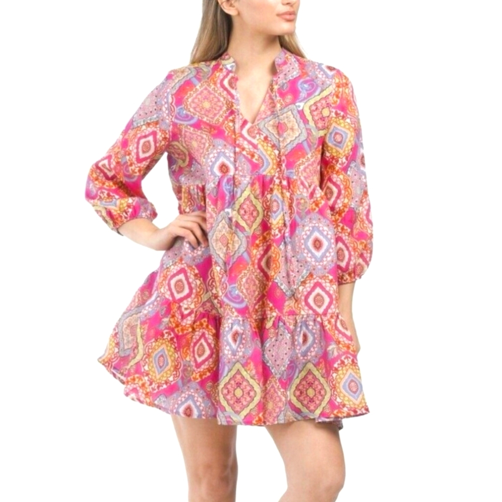 New, Le Ragazze Paisley 100% Linen Mini Dress Made in Italy Size M.
